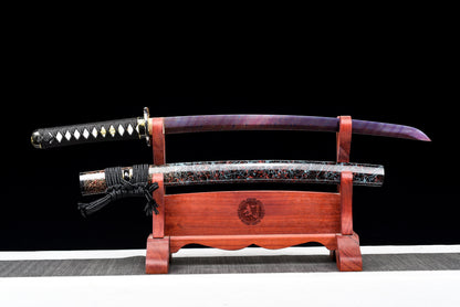 Handmade Wakizashi Sword  Red Damascus steel With Chroma Scabbard - 31 in,Real katana sowrd
