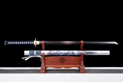 Handmade Ninjato Sword Red Damascus steel steel Full Tang White printing scabbard Blue rope handle white ray skin  - 41 in,Real katana sowrd