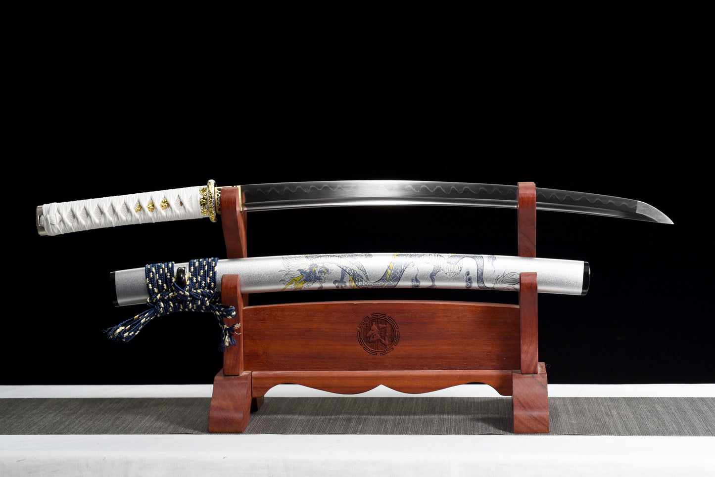 Handmade Full Tang Wakizashi Sword Damascus Steel  Clay Tempered Blade White printed scabbard - 31 in,Real katana sowrd