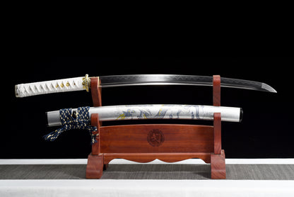 Handmade Full Tang Wakizashi Sword Damascus Steel  Clay Tempered Blade White printed scabbard - 31 in,Real katana sowrd
