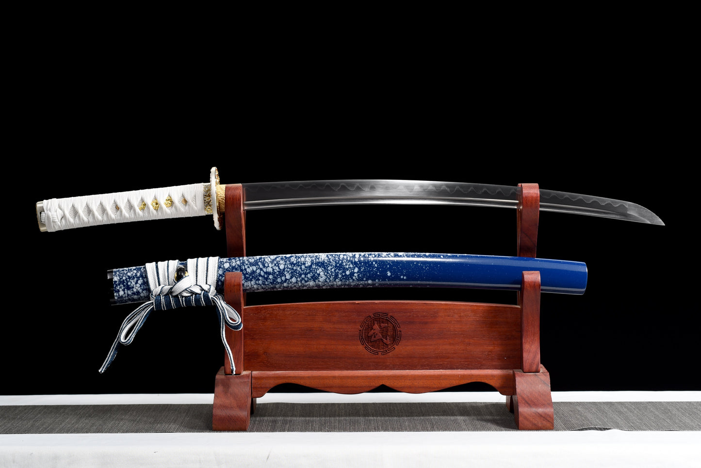 Handmade Full Tang Wakizashi Sword T10 Carbon Steel Clay Tempered Blade Blue scabbard - 31 in,Real katana sowrd