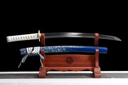 Handmade Full Tang Wakizashi Sword T10 Carbon Steel Clay Tempered Blade Blue scabbard - 31 in,Real katana sowrd