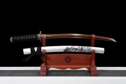 Handmade Wakizashi Sword Red Damascus steel With white leather Scabbard - 31 in,Real katana sowrd