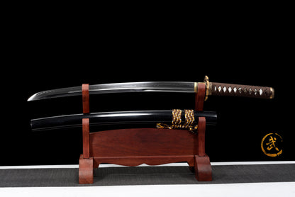 Handmade Full Tang Wakizashi Sword T10 Steel unokubi zukuri style blade Clay Tempered Blade Black printing scabbard - 31 in,Real katana sowrd