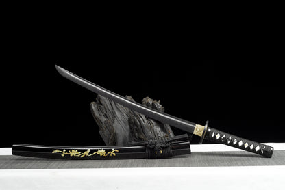 Handmade Wakizashi Sword Black Damascus steel With Black Scabbard - 31 in,Real katana sowrd