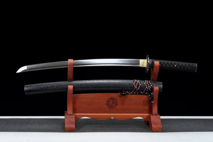 Handmade Full Tang Wakizashi Sword T10 Steel  Clay Tempered Blade Black scabbard - 31 in,Real katana sowrd