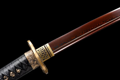 Handmade Wakizashi Sword Red Damascus steel With Black leather Scabbard - 31 in,Real katana sowrd