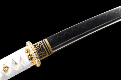 Handmade Full Tang Wakizashi Sword Damascus Steel  Clay Tempered Blade White printed scabbard - 31 in,Real katana sowrd
