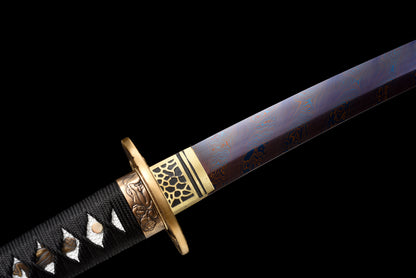 Handmade Wakizashi Sword  Blue Damascus steel With Black Scabbard - 31 in,Real katana sowrd