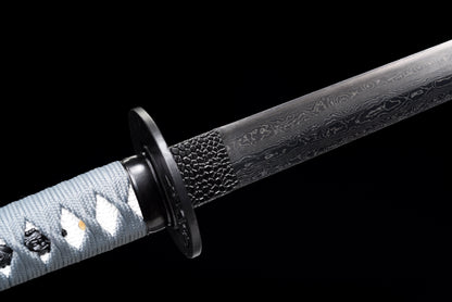 Handmade Ninjato Sword Black Damascus steel steel Full Tang White printing scabbard gray rope handle white ray skin  - 41 in,Real katana sowrd