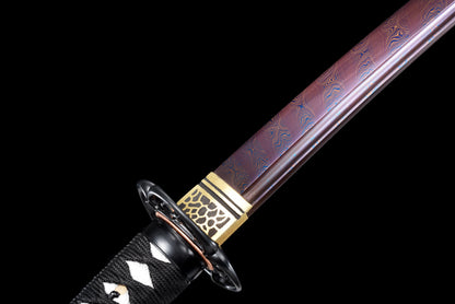 Handmade Wakizashi Sword  Red Damascus steel With Blue Scabbard - 31 in,Real katana sowrd