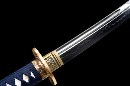 Handmade Full Tang Wakizashi Sword T10 Carbon Steel Clay Tempered Blade Blue spotted scabbard - 31 in,Real katana sowrd