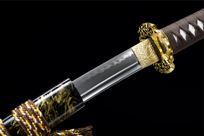 Handmade Full Tang Wakizashi Sword T10 Carbon Steel Clay Tempered Blade Black printed scabbard - 31 in,Real katana sowrd