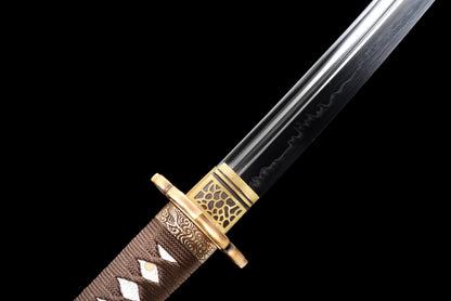 Handmade Full Tang Wakizashi Sword T10 Steel unokubi zukuri style blade Clay Tempered Blade Black printing scabbard - 31 in,Real katana sowrd