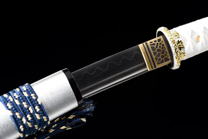 Handmade Full Tang Wakizashi Sword Damascus Steel  Clay Tempered Blade White printed scabbard - 31 in,Real katana sowrd