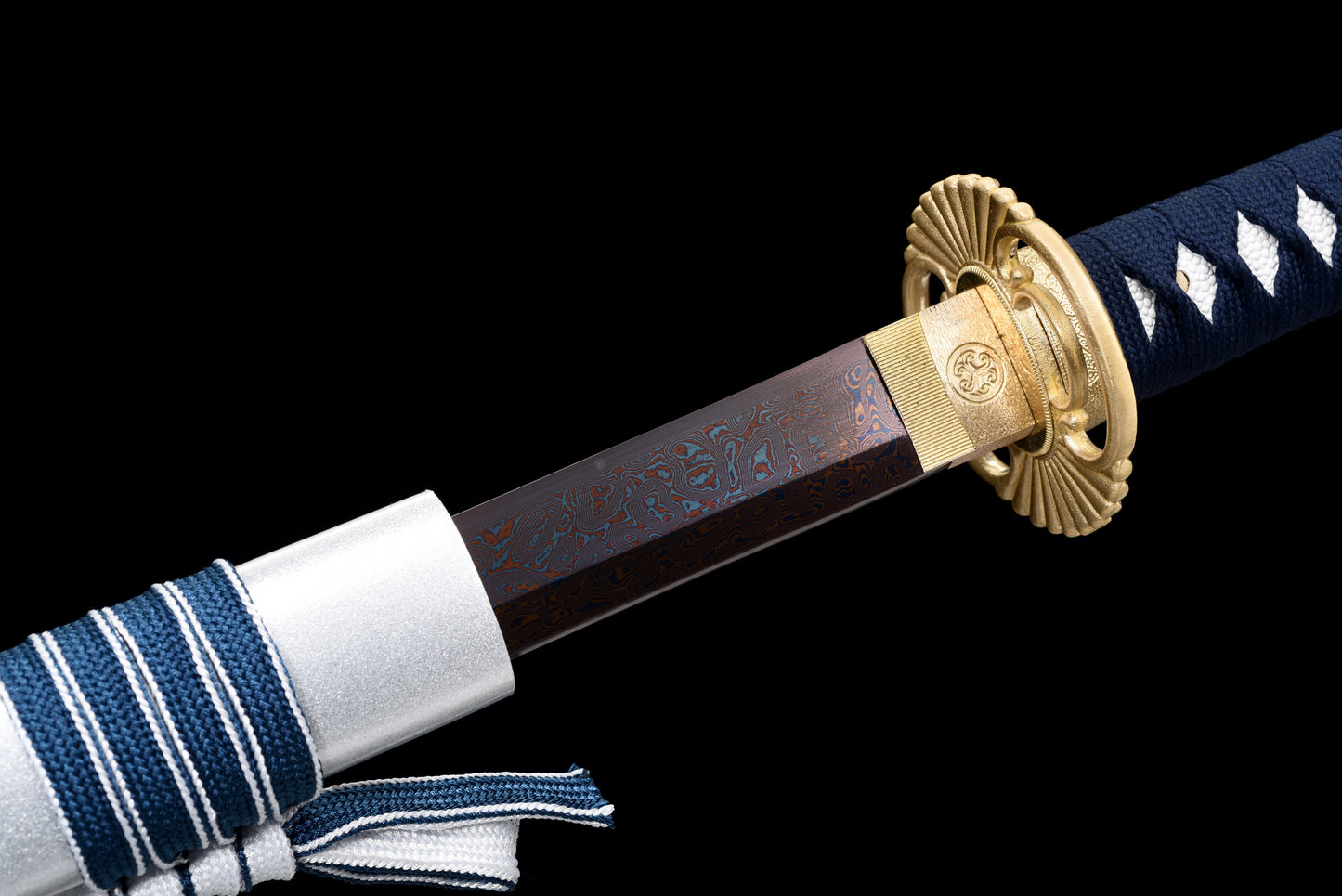 Handmade Ninjato Sword Red Damascus steel steel Full Tang White printing scabbard Blue rope handle white ray skin  - 41 in,Real katana sowrd