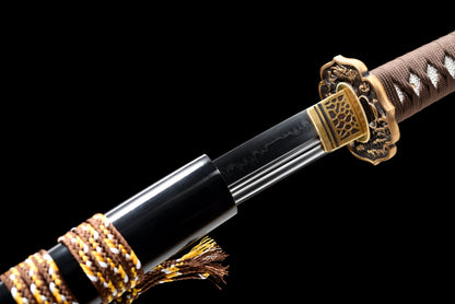 Handmade Full Tang Wakizashi Sword T10 Steel unokubi zukuri style blade Clay Tempered Blade Black printing scabbard - 31 in,Real katana sowrd