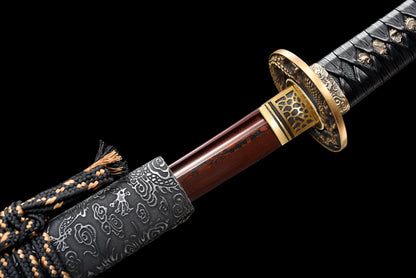 Handmade Wakizashi Sword Red Damascus steel With Black leather Scabbard - 31 in,Real katana sowrd