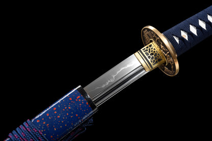 Handmade Full Tang Wakizashi Sword T10 Carbon Steel Clay Tempered Blade Blue spotted scabbard - 31 in,Real katana sowrd