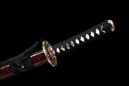 Handmade Full Tang Wakizashi Sword T10 Carbon Steel Clay Tempered Blade Red spotted scabbard - 31 in,Real katana sowrd