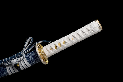 Handmade Full Tang Wakizashi Sword T10 Carbon Steel Clay Tempered Blade Blue scabbard - 31 in,Real katana sowrd