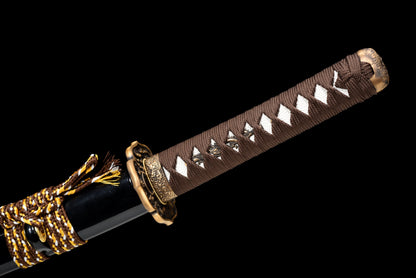 Handmade Full Tang Wakizashi Sword T10 Steel unokubi zukuri style blade Clay Tempered Blade Black printing scabbard - 31 in,Real katana sowrd