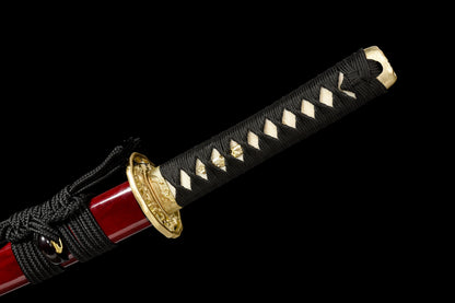 Handmade Full Tang Wakizashi Sword T10 Carbon Steel With Clay Tempered Blade Red printed sheath - 31 in,Real katana sowrd