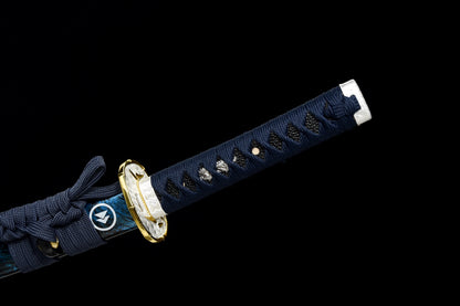 Handmade Full Tang Wakizashi Sword T10 Carbon Steel Clay Tempered Blade Blue scabbard - 31 in,Real katana sowrd