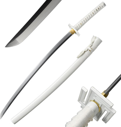 Ichigo Kurosaki, Full Tang 41 inch Cosplay Handmade Katana Sword, 1060 high Carbon Steel Black and White, Very Sharp -anime sword(White)