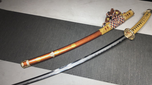 Handmade long 41-inch patterned steel forged combat sword — Damascus style - Oda Nobunaga sword (reverse handle)Tashi