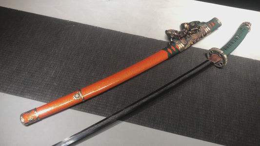 Handmade 41-inch long patterned steel polished blade ta sword - handle with reverse chrysanthemum ta sword (bright copper fittings) Tashi sword