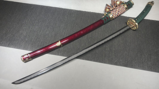 Handmade 41-inch long patterned steel polished blade ta sword - Damascus steel - handle with reverse chrysanthemum ta sword (bright copper fittings) Tashi sword