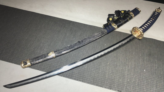 Handcrafted long 41-inch patterned steel forged blade finishing — Sakura (reverse handle) Damascus-style Tashi sword